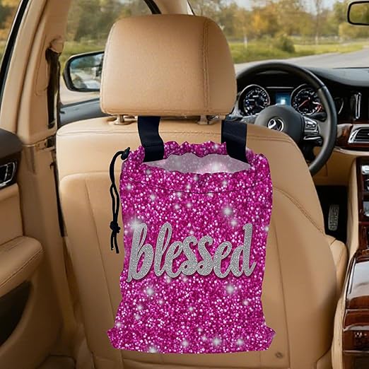 Blessed Car Garbage Bag,Pink Glitter Small Car Trash Bag Hanging Back of Seat,Drawstring Car Trash Bag with Adjustable Buckle,Car Accessories for Camping Travelling