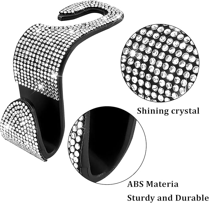 2 Pack Car Hooks, 2021 New Bling Rhinestones Crystal Hooks Car Decorations Auto Seat Back Organizers Strong and Durable Backseat Hanger Storage Universal for SUV Truck Vehicle (Silver)