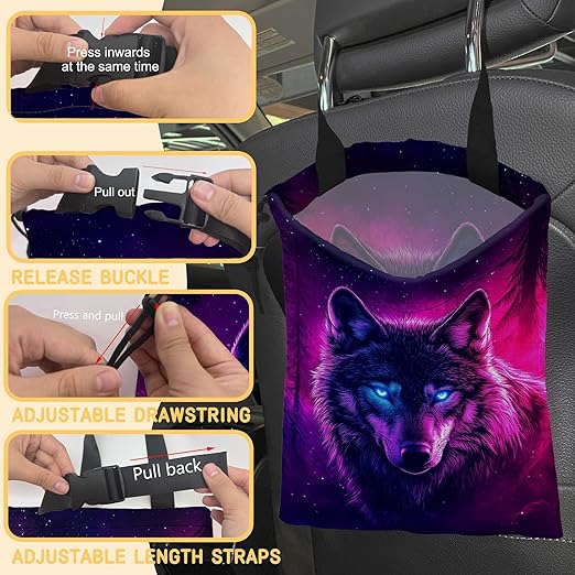 Wolf Car Garbage Bag,Glowing Wolf on Starry Night Small Car Trash Bag Hanging,Drawstring Car Garbage Bag with Adjustable Buckle for Car Back Seat,SUVs,Camping,Road Trips