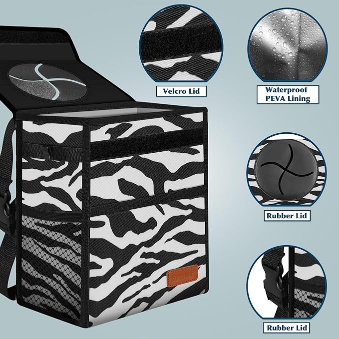 Femuar Car Trash Can with Lid - Leak Proof, Waterproof, Zebra Stripe, SUV Multipurpose Car Hanging for Headrest, Collapsible, Portable with Storage Mesh Pocket