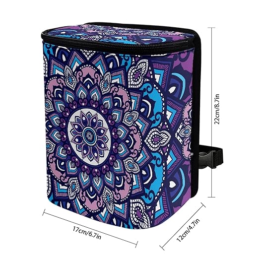 Vintage Mandala Flower Car Trash Can with Lid Portable Foldable Garbage Can Hanging for Headrest Leakproof Organizer and Storage Bag Auto Accessories
