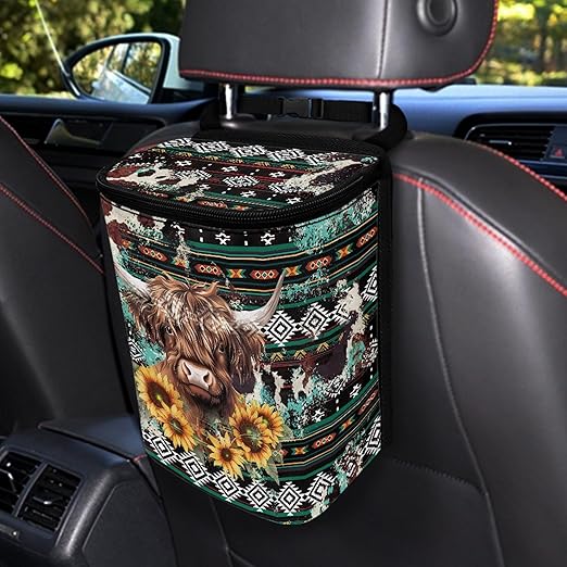 Highland Cow Car Trash Bag Southwest Aztec Car Trash Interior Accessories for Back Seat Headrest Sunflower Car Trash Bin Hanging Trash Bag for Car Garbage Can