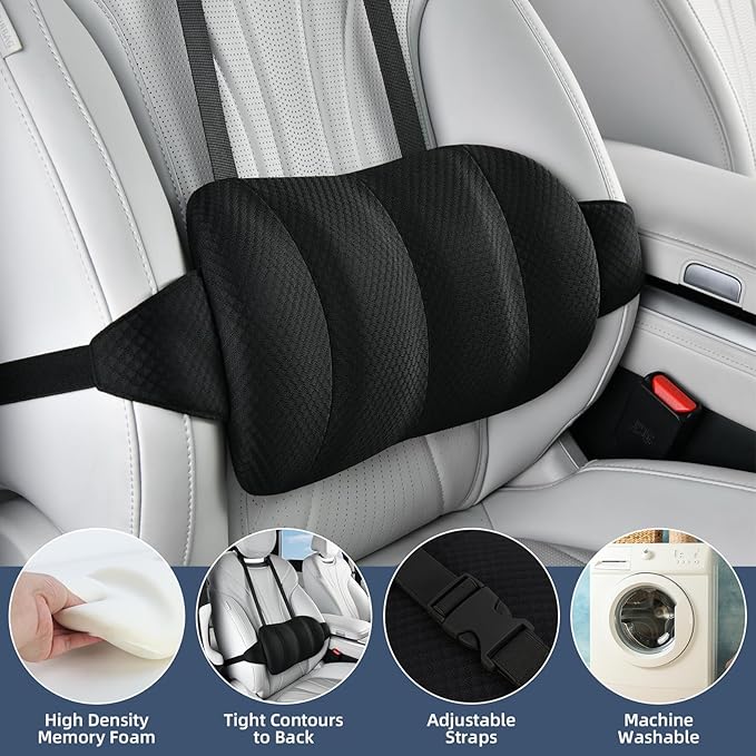 KAYI Lumbar Support Pillow for Car, Memory Foam Lumbar Pillow with Adjustable Straps, Lumbar Support Pillow for Office Chair, Back Support for Car, Sitting, Driving, Traveling (1, Black)