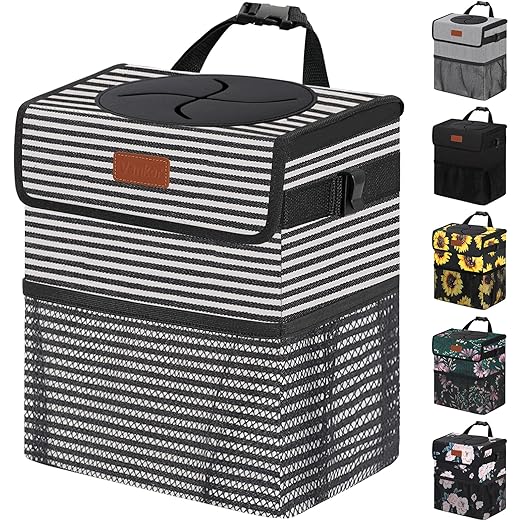 Car Trash Can for Car Cute, Bag Bin Hanging Waterproof Automotive Garbage Cans Leak Proof Vehicle Trash Can Stripe