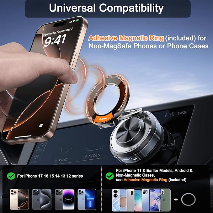 Magnetic Phone Mount, Car Phone Holder for MagSafe, Enhanced Vacuum Suction Cup, 360° Adjustable, Strong N52 Magnets, Zinc Alloy, Cell Phone Accessories for iPhone 17 16 15 14 13 Series, and Android