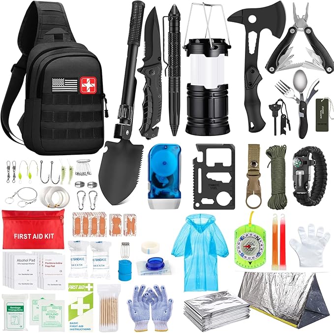 Emergency Survival Kit, 151 Pcs Survival Gear First Aid Kit, Outdoor Trauma Bag with Tactical Flashlight Knife Pliers Pen Blanket Bracelets Compass for Camping Earthquake or Adventures