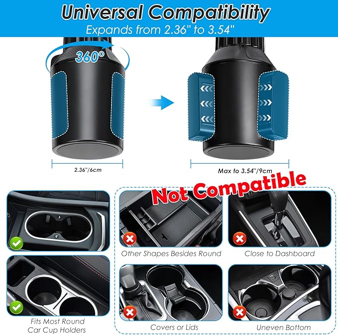 Biupky Car Cup Holder Expander, 4-in-1 Universal Cup Holder Tray Compatible with 2.6" to 3.94", Multi Cup Holders Table with Large Food Tray Phone Mount, for Travel Auto Trucker Road Trip Essentials