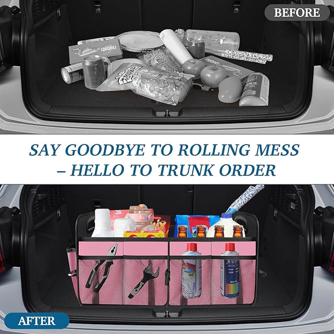 Trunk Organizer, Collapsible Waterproof Multi-Compartment Trunk Organizer for SUVs & Sedans, Car Storage with Reinforced Handles, Car Accessories for Women and Men, 52L