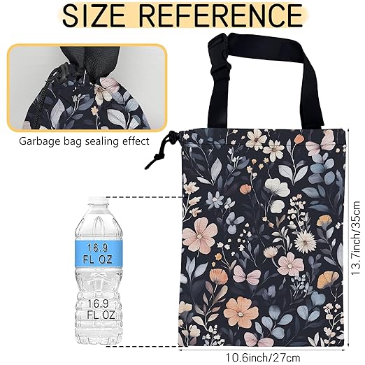 Watercolor Spring Floral Car Trash Bag, Hanging Drawstring Car Garbage Bag,Canvas Car Back Seat Organizer with Adjustable Buckle for Men and Women