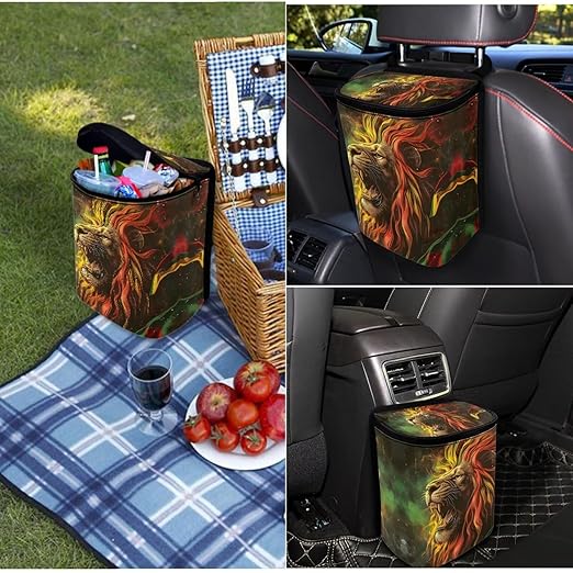 1.2 Gallons Car Trash Cans, Jamaican Rasta Lion Car Trash Can Small, Adjustable Hanging for Tail of Console/Back of Seat, Odor-Free with Zipper Leak-Proof Lid Design, Mini Size for Convenience