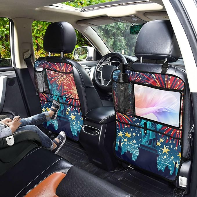 July 4th Fireworks Statue Of Liberty Blue 1 Pack Backseat Car Organizer with Storage Pockets Seat Back Organizers for Kids Kick Mats Backseat Protector Automotive
