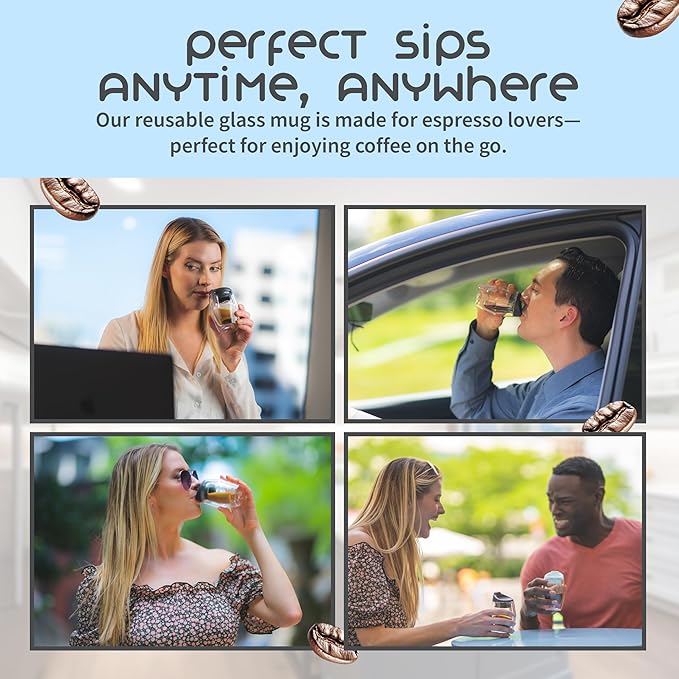 To-Go Espresso Glass Travel Mug with Lid, Reusable Double Wall Glass Tumbler, Fits Most Coffee Makers & Cupholders for Your Car, Gifts for Coffee Lovers, 4.5 oz Cortado Cup, Flat White