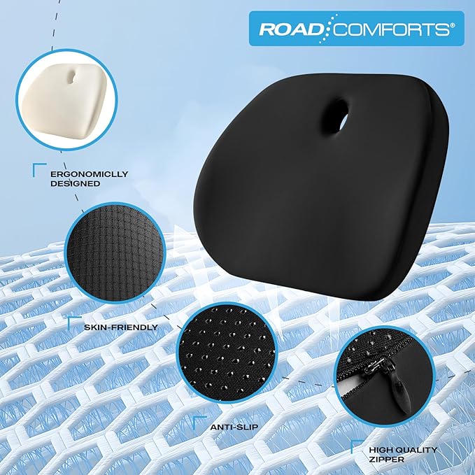 Road Comforts Premium Memory Foam Seat Cushion – Office Chair Cushion, Car Seat Cushion – Chair Cushions for Back & Sciatica Pain Relief – Seat Cushions for Office & Desk (Black)