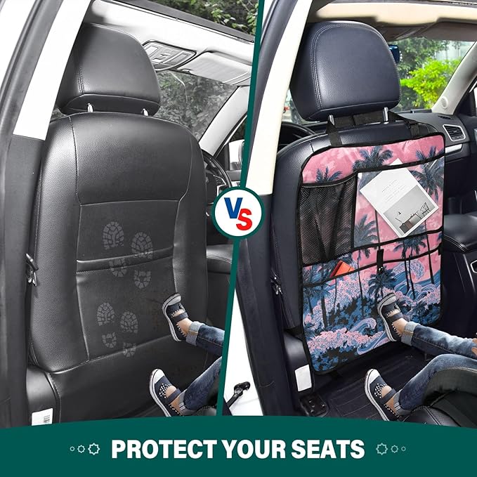 1 Pack Back Seat Car Organizer with Storage Pockets Kick Mats Back Seat Protector Hanging Car Organizer Automotive Seat Back Cover Organizers Palm Tree Wave Pink