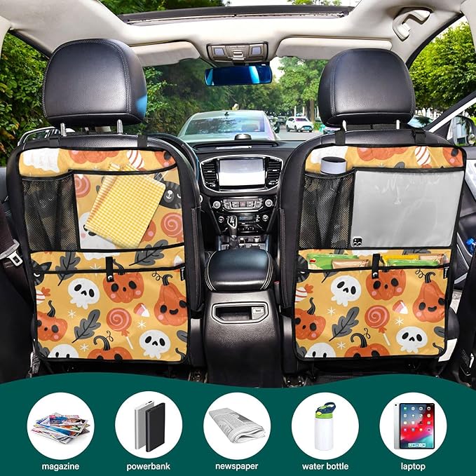 2 Pack Backseat Car Organizer with Storage Pockets Seat Back Organizers for Kids Kick Mats Backseat Protector Automotive Halloween Holiday