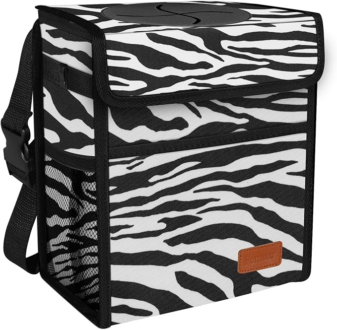 Femuar Car Trash Can with Lid - Leak Proof, Waterproof, Zebra Stripe, SUV Multipurpose Car Hanging for Headrest, Collapsible, Portable with Storage Mesh Pocket
