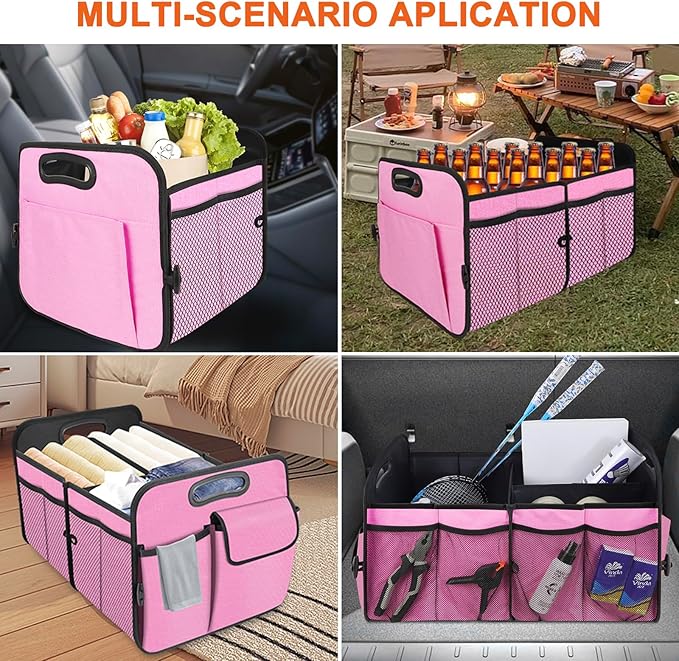 Trunk Organizer, Collapsible Trunk Organizers and Storage, Car Accessories for Women and Men, Multi-Compartment Trunk Storage Organizer for SUV, Car, Mini-Van, Pink