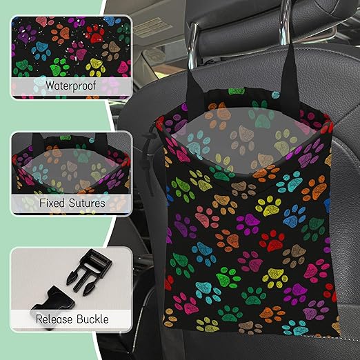 Colorful Paw Prints Car Trash Bag,Hanging Drawstring Car Garbage Bag,Waterproof Canvas Car Back Seat Organizer with Adjustable Buckle,for Vehicles,SUVs,Camping,Road Trips