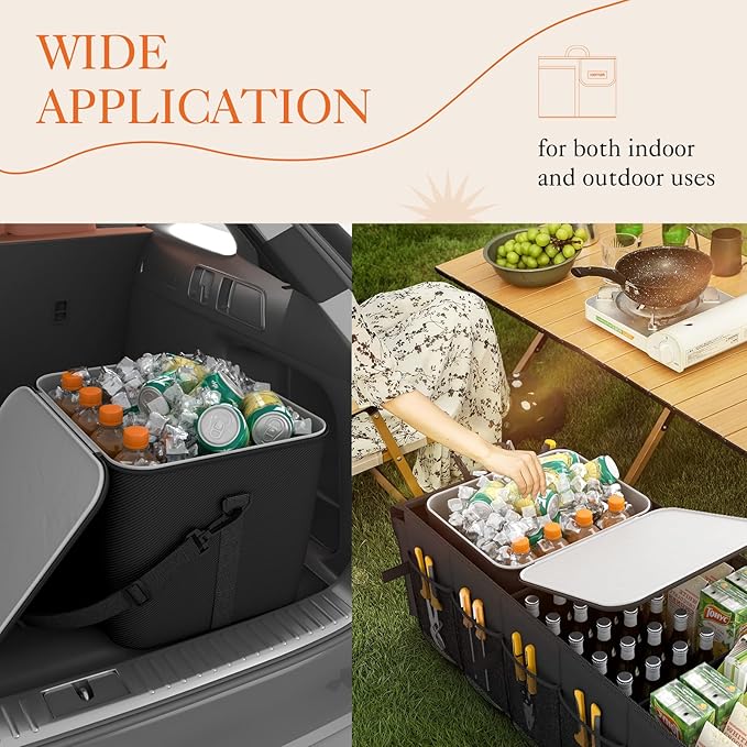 HOTOR Trunk Organizer, Sturdy Foldable with Cooler for Car & SUV, 3 Compartments, Black, 30.90”×12.60”×10.63”