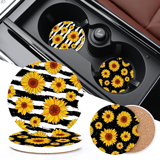 Autumn Sunflowers Car Cup Holder Coasters,Sunflowers Black White Stripe Car Cup Coasters Absorbent for Drinks with Cork Base Anti-Slip Universal Ceramic Insert Auto Interior Accessories 2Pcs