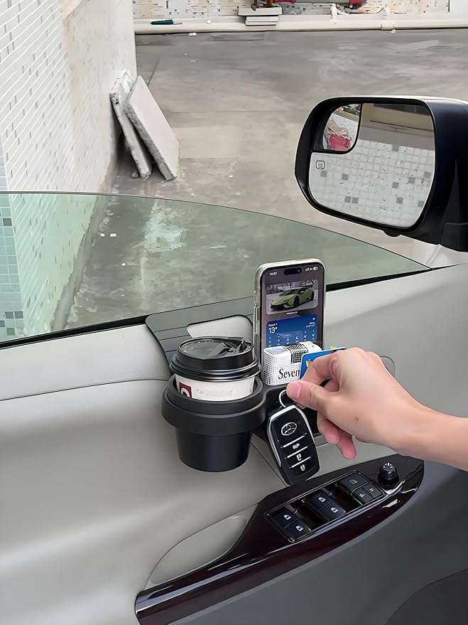 GDQ 4-in-1 Car Window Organizer (2 Pack) - Clip-On Cup Holder & Phone Mount with Hooks | No Drill Universal Fit for SUV/Truck/Sedan | Insert Installatio