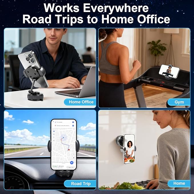 Adjustable Dashboard & Windshield Phone Mount – 360° Rotating Car Phone Holder with Strong Suction Cup, Anti-Slip Grip, Universal Fit Compatible with iPhone & Android Smartphones