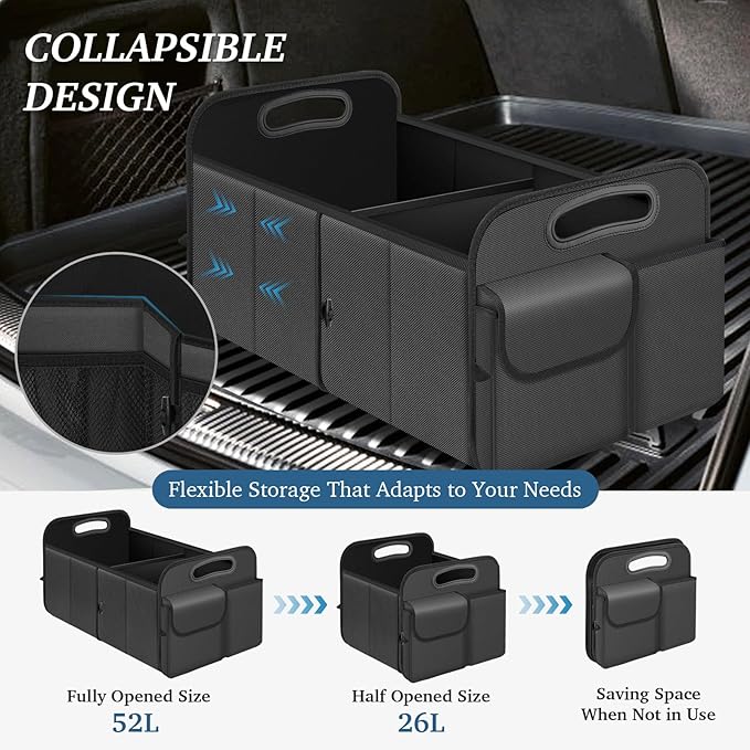 Trunk Organizer, Collapsible Waterproof Multi-Compartment Trunk Organizer for SUVs & Sedans, Car Storage with Reinforced Handles, Car Accessories for Women and Men, 52L