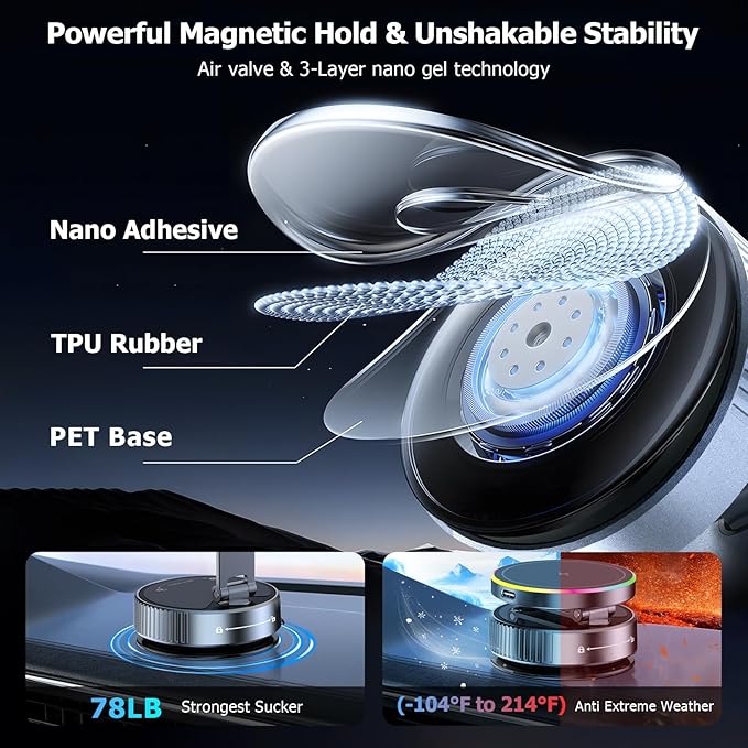 Vacuum Magnetic Phone Holder, 360° Adjustable Suction Phone Mount, The Charger for Magsafe Car Mount with Strong Vacuum Suction, Gifts for Men, Phone Holder for Your Car for iPhone 17 Pro Max