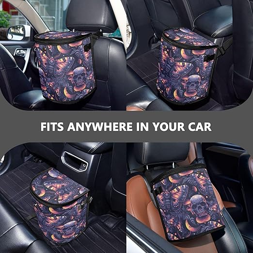 MNSRUU Car Trash Can with Lid, Gothic Skull Butterfly Car Trash Bag Hanging Organizers and Storage for Front Back Seat, Leak-Proof Trash Bin