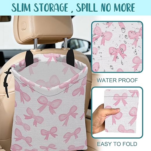 Car Trash Bag Pink Ribbon Bow Hanging Drawstring Car Organizer and Storage Bag with Adjustable Buckle Canvas Garbage Bin for Back Seat or Hanging Headrest Car Decor Road Trip Essentials