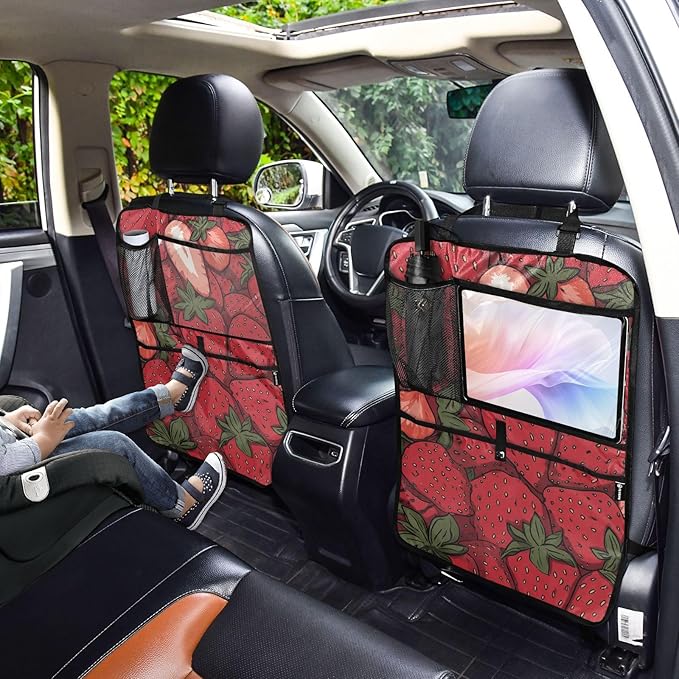 1 Pack Back Seat Car Organizer with Storage Pockets Kick Mats Back Seat Protector Hanging Car Organizer Automotive Seat Back Cover Organizers Cartoon Red Strawberry