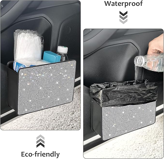 Accmor Bling Car Trash Can, Foldable Vehicle Trash Bin Dustbin Garbage Organizer Storage, Sparkling Crystal Rhinestone Trash Bags Holder Container with 30pcs Garbage Bag Car Accessories for Auto, SUV