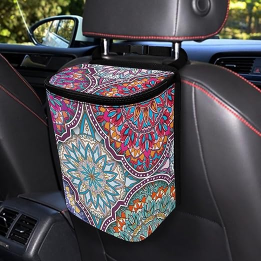 Boho Mandala Car Trash Can Leak-Proof Auto Trash Bin Portable Auto Garbage Bag Large Capacity Trashcan Storage Bag Multipurpose Car Organizer Hanging