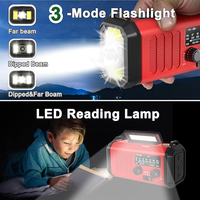 Emergency Radio NOAA Weather Radio Hand Crank & Solar Charging 20000mAh/74000mWh Rechargeable Battery Built-in Flashlight Reading Light & SOS AM/FM & Portable for Camping & Emergencies