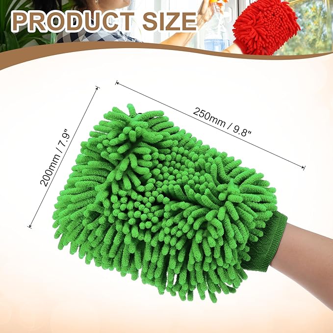 HARFINGTON 2pcs Chenille Microfiber Car Wash Mitts 9.8" x 7.9" Scratch Free Wash Gloves Absorbent Double Sided Plush Cleaning Drying Mitts for Car Washing Home Clean, Green