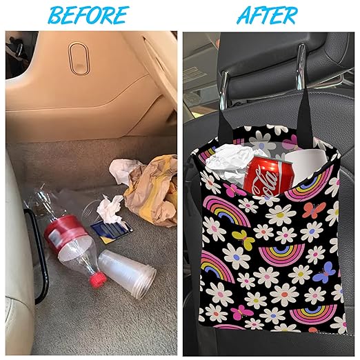 Car Trash Bag Daisy Rainbow Butterfly Car Garbage Bag Hanging Car Trash Can for Back Seat with Drawstring, Waterproof Garbage Bags for Car Accessories Vehicle Travelling Camping Outdoor