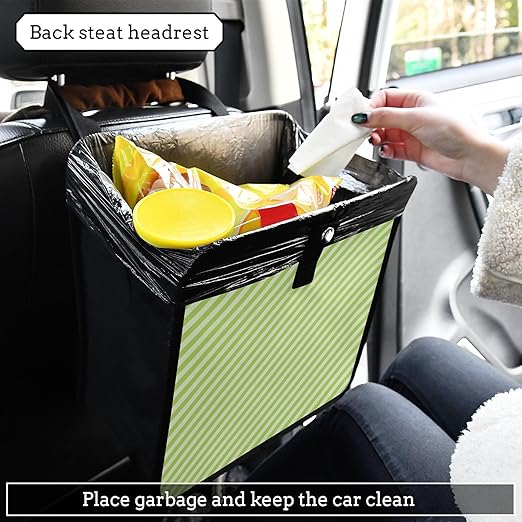 Green Stripes Car Trash Can Foldable Hanging Waterproof Small Automotive Garbage Cans Trash Bin Storage Bag Car Dustbin Organizer Accessories Small 8.66x8.66x5.9
