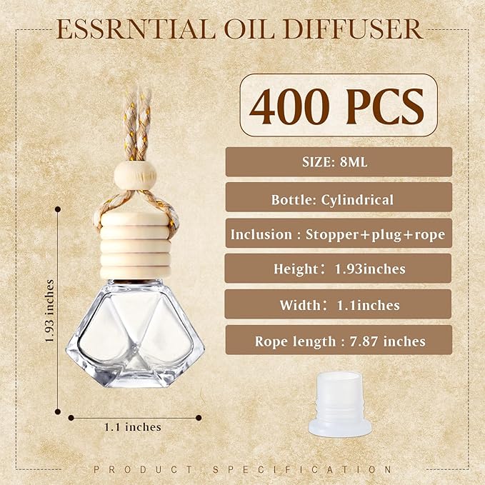Zubebe 8ml 400pcs Hanging Air Freshener Diffuser Bottle Bulk Empty Glass Perfume Bottles Refillable Aromatherapy Essential Oils Pendant for Auto Interior Ornaments