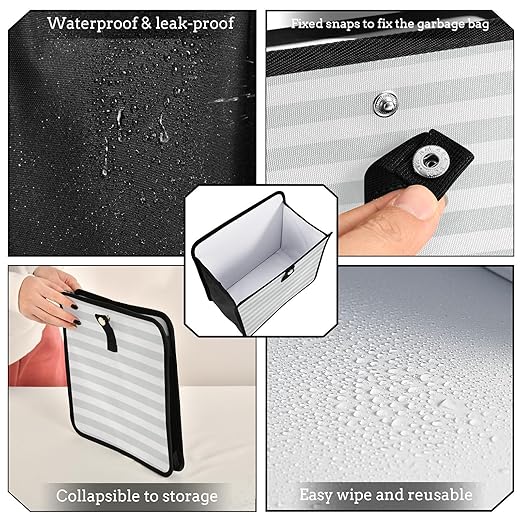 Grey Stripes Car Trash Can Foldable Hanging Waterproof Medium Automotive Garbage Cans Trash Bin Storage Bag Car Dustbin Organizer Accessories Large 11x11x5.9