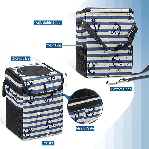 Car Trash Can Nautical Anchor Navy Blue Stripes Auto Garbage Bag Car Trash Can with Lid Leak-Proof Car Storage Bag Garbage Can Hanging for Headrest Collapsible and Portable with Storage Mesh Pocket