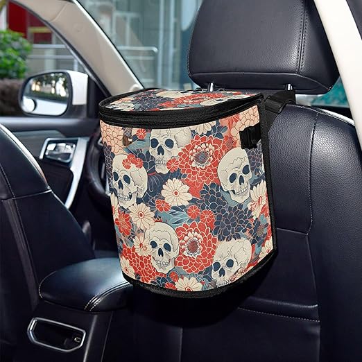 MNSRUU Car Trash Can with Lid, Flowers and Skulls Car Trash Bag Hanging Organizers and Storage for Front Back Seat, Leak-Proof Trash Bin