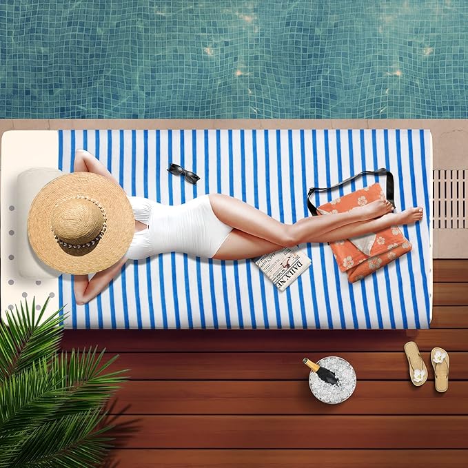 JML Microfiber Beach Towels, Large Bath Towel Set for Adult, 6 Pack, 27" x 55" - Cabana Stripe - Absorbent, Quick Dry for Pool, Bathroom, Sport, Yoga, Camping, Swimming, Dorm, Summer Party, Blue