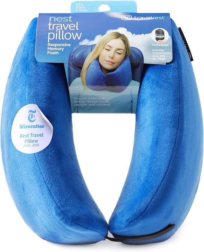 TRAVELREST Nest Neck Support Pillow - Travel Essentials, Memory Foam, Compact Travel Pillow for Long Flights, Plane Sleeping Accessories, Comfortable, Compact, Washable, Attaches to Luggage - Blue
