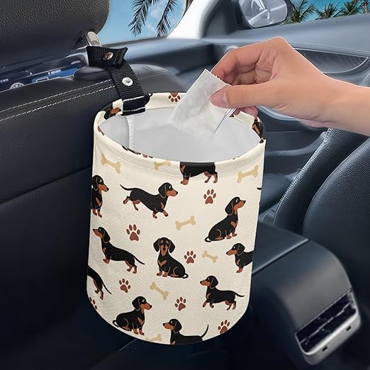 Cute Car Trash Can Dachshund Print Automotive Accessories for Interior Organizer Truck SUV RV Vehicle Home Office Small Portable Hanging Garbage Bags