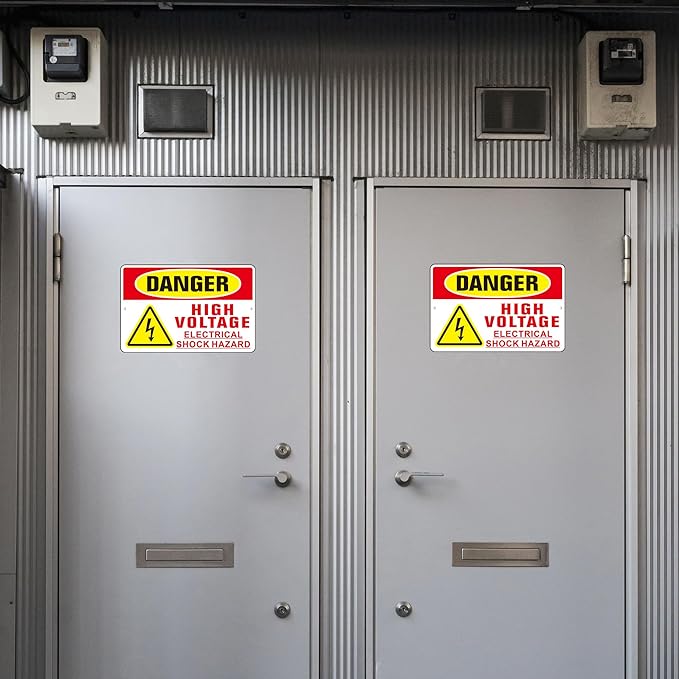 Danger High Voltage Sign, (2 Pack) Self Adhesive Aluminum Metal Electrial Shock Hazard Signs for Indoor Outdoor Use, Rust Free and Reflective Sticker (9 x 6 inches, Red/Yellow)