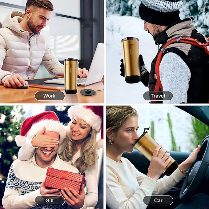 VSITOO S5 heated travel mug,16oz, Auto-Sensing AI Heats Drinks To 120-150°F Hands-Free. Temperature Control for All Cars, Perfect for Home/Office/Travel/Outdoor, Ideal Gift for Coffee Lovers - Gold
