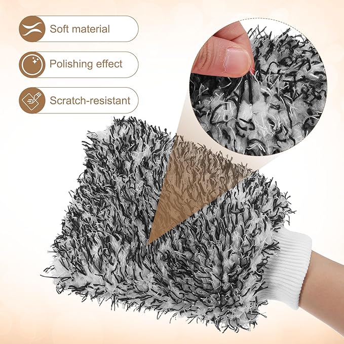 HARFINGTON 4pcs Chenille Microfiber Car Wash Mitts 9.1" x 6.7" Scratch Free Wash Gloves Absorbent Double Sided Plush Cleaning Drying Mitts for Car Washing Home, Gray