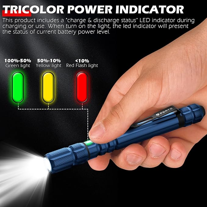 FORTO Rechargeable Pen Light Flashlight, 400 Lumens Small Pocket Flashlight with Clip, IP67 Waterproof, 2 Light Modes, 3-Color Battery Indicator, Type-C Charging, for Inspection,Emergency (Blue)
