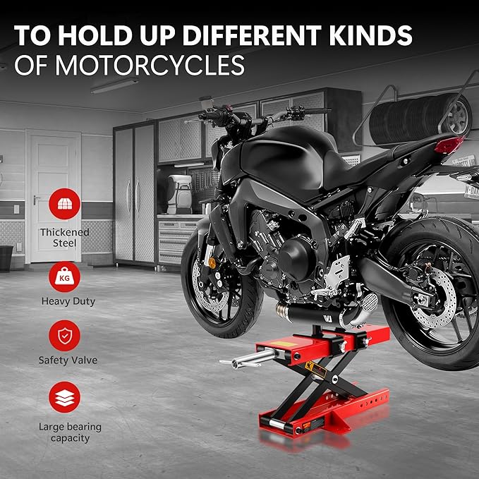 Motorcycle Scissor Lift Jack 1100LBS, Heavy Duty Bike Lift with Safety Lock Pin & Non-Slip Saddle, 3.7"-18.7" Lift Range for Cruisers, ATVs, Dirt Bikes - Compact & Stable Garage Repair Tool