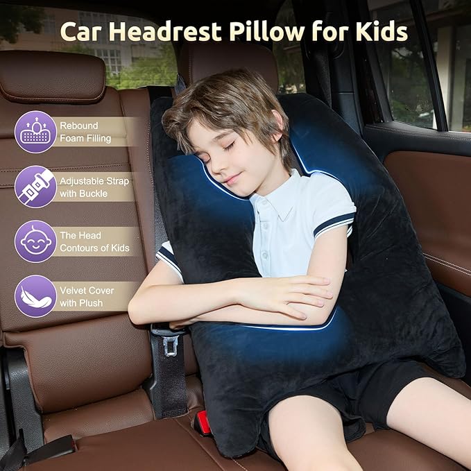 Car Pillow for Kids, Travel Pillow with Adjustable Strap, U-Shaped Pillow for Adults and Children to Support Head and Body Road Trip Essentials (Dark Grey)